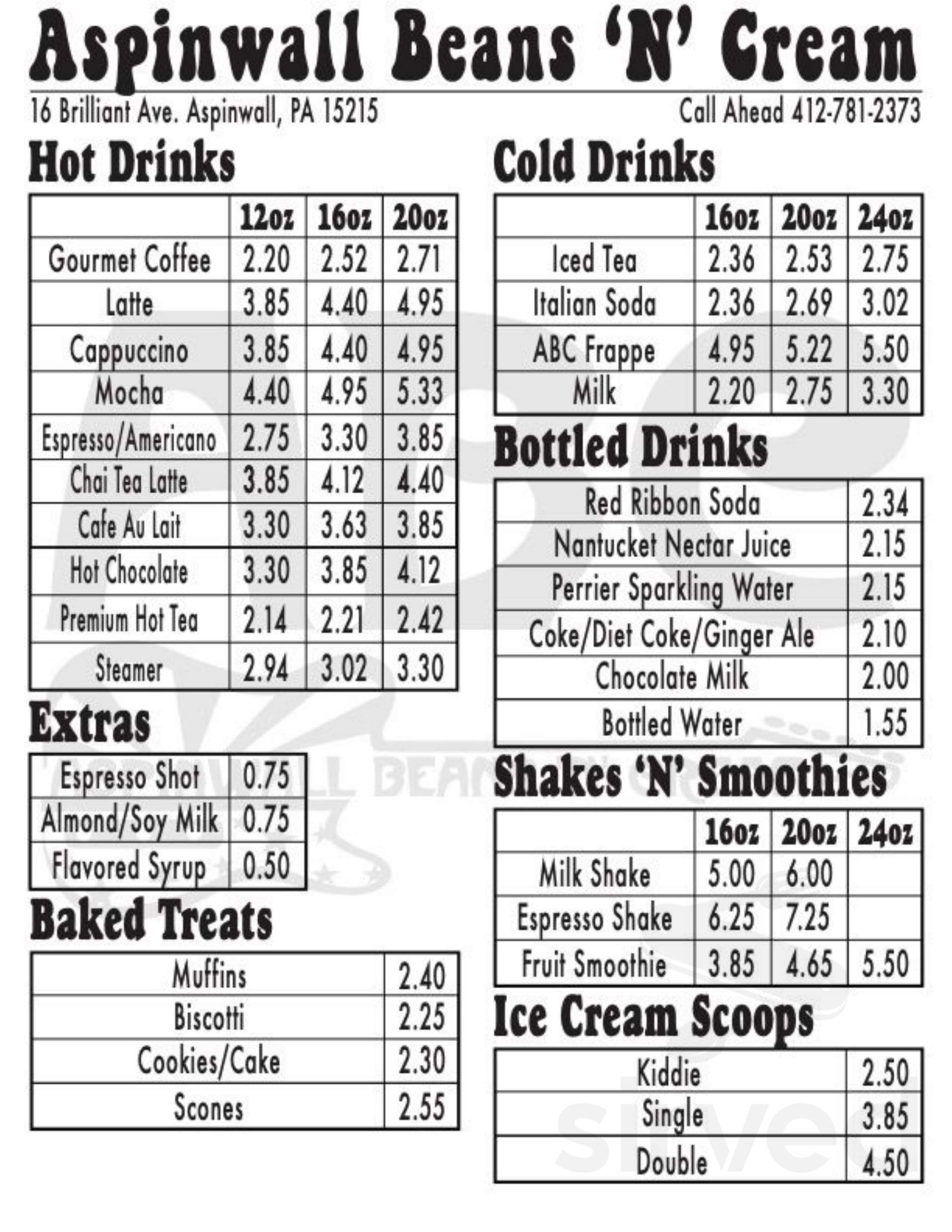 Aspinwall Beans'n'cream menu in Aspinwall, Pennsylvania, USA