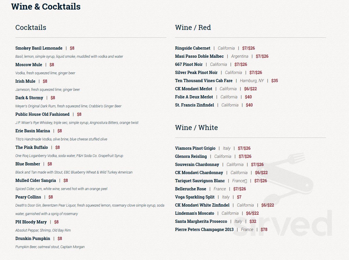 The Public House On The Lake Menu