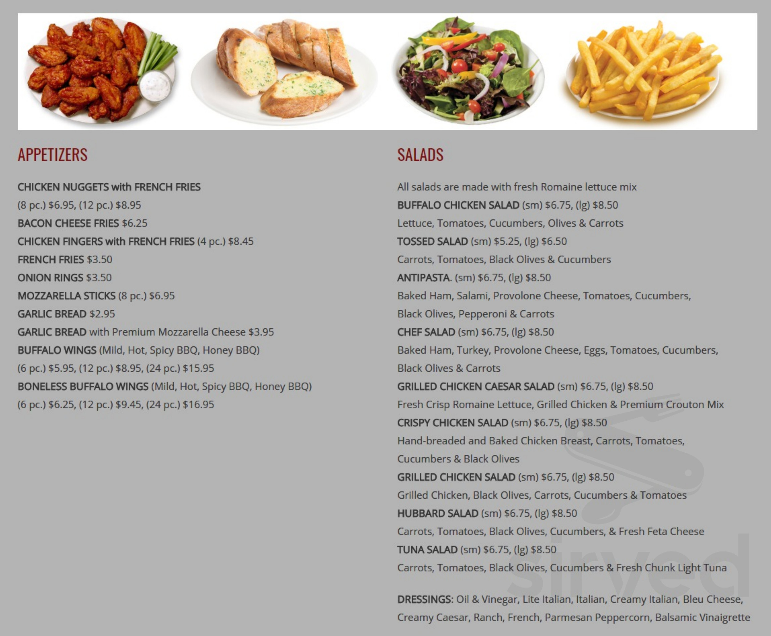 Hubbard Park Pizza menu in Meriden, Connecticut