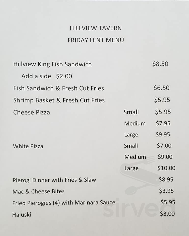 Hillview Tavern menu in Apollo, Pennsylvania, USA