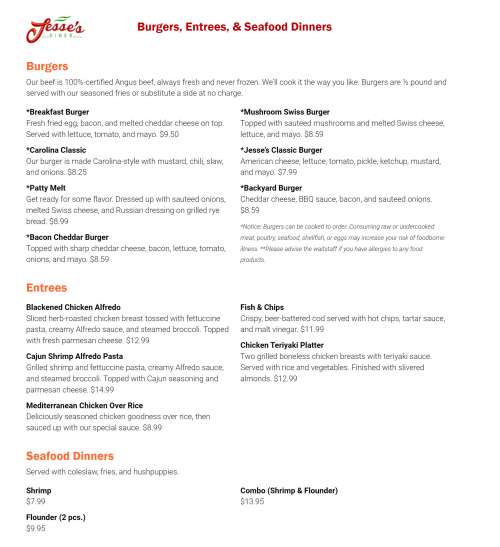 Jesse's Diner menu in Greensboro, North Carolina, USA