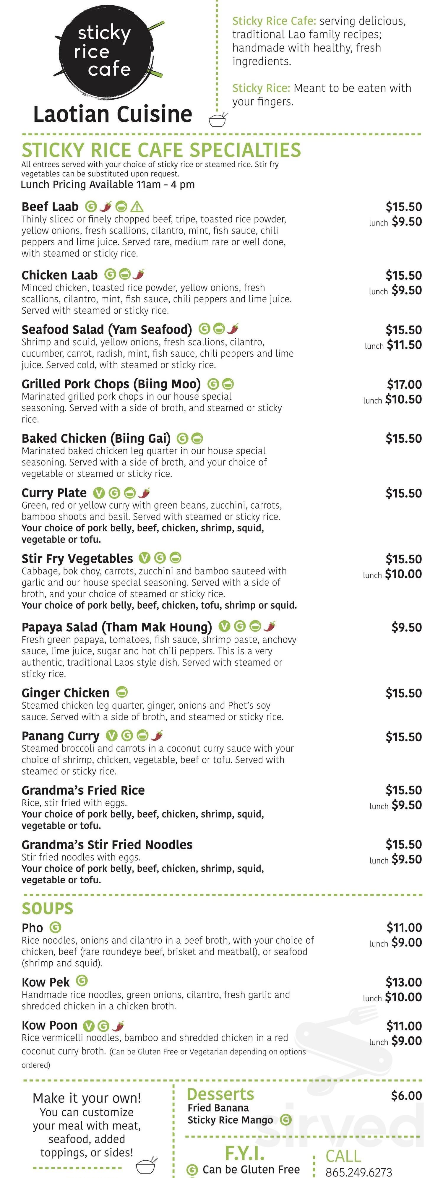 Sticky Rice Cafe menu in Knoxville, Tennessee, USA