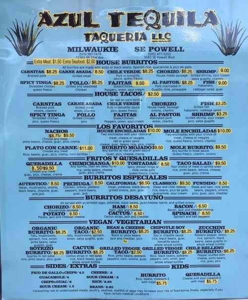 Azul Tequila Taqueria menu in Portland, Oregon, USA