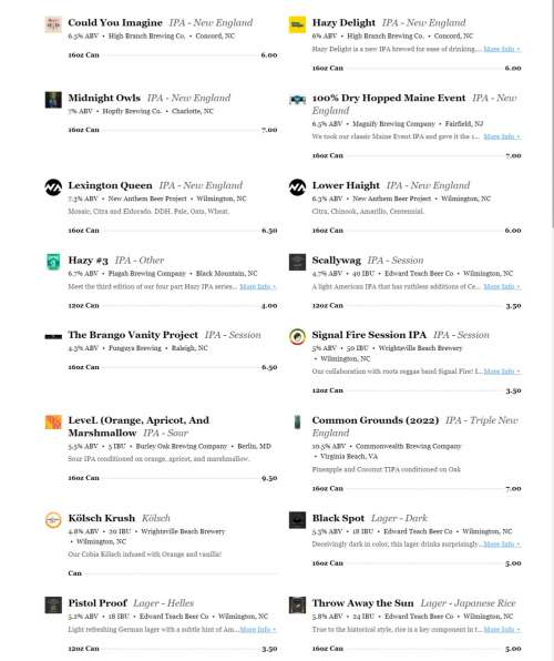 Southport Tap and Cellar menu in Southport, North Carolina, USA