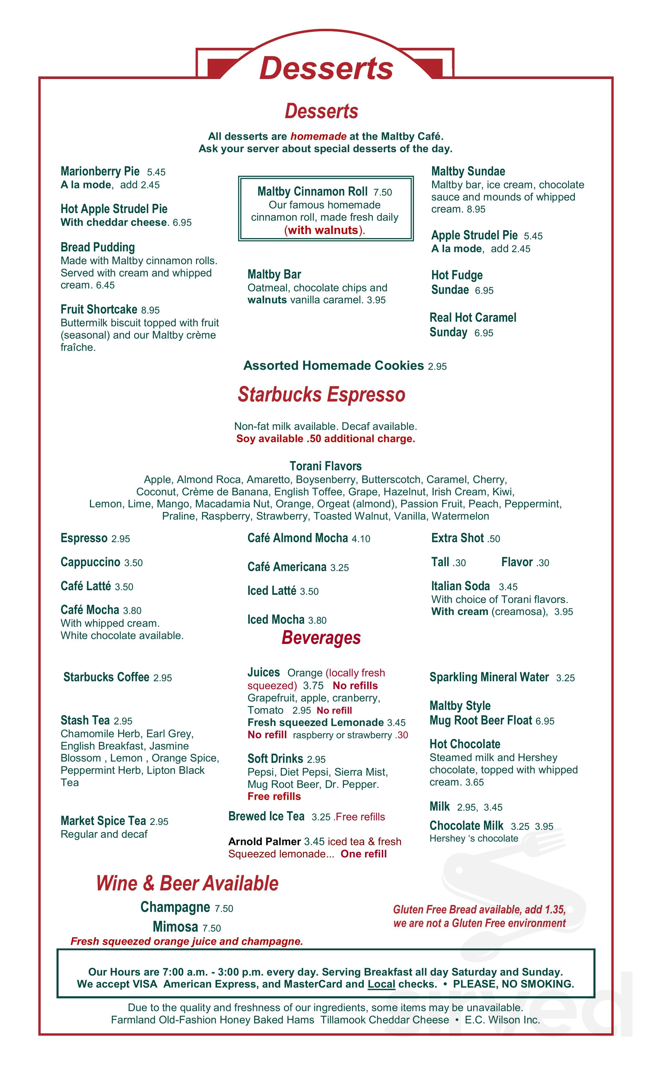 Maltby Cafe menu in Snohomish, Washington, USA