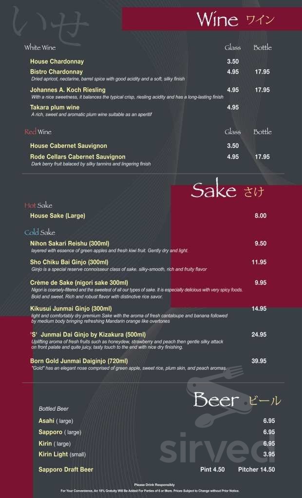 Ise Sushi Japanese Restaurant drink menu in Placentia, California