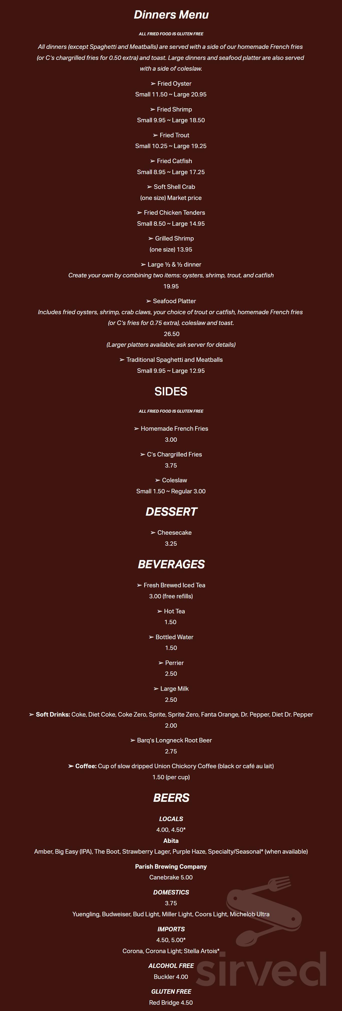 Casamento's Restaurant menu in New Orleans, Louisiana, USA