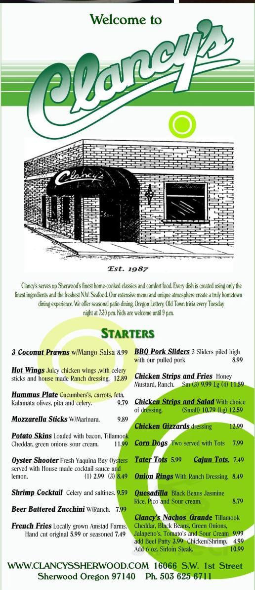 Clancy's menu in Sherwood, Oregon