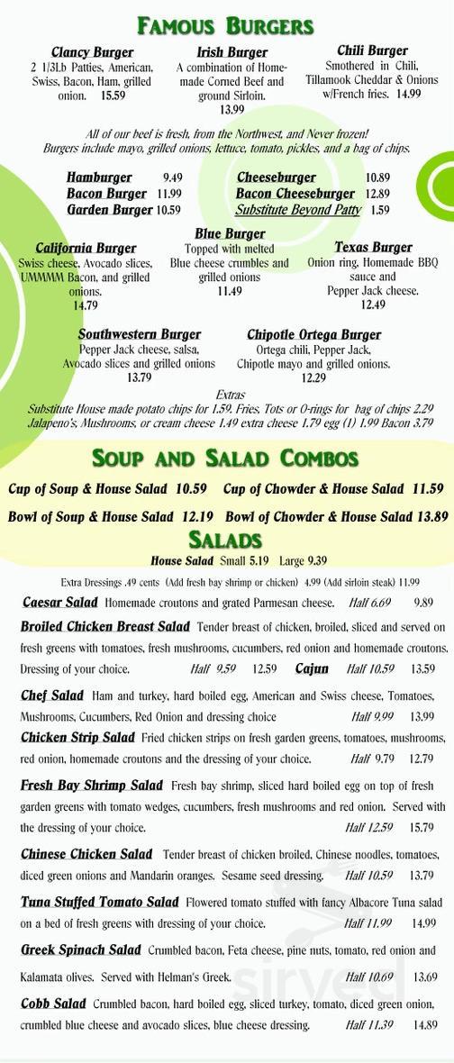 Clancy's menu in Sherwood, Oregon