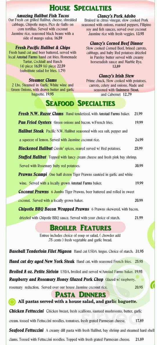 Clancy's menu in Sherwood, Oregon