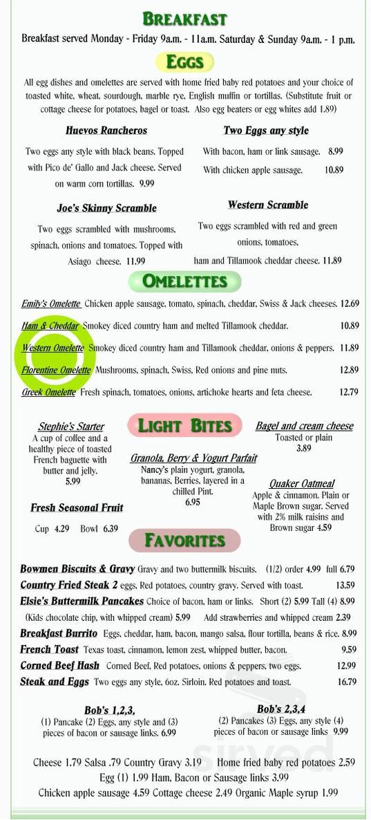 Clancy's breakfast menu in Sherwood, Oregon
