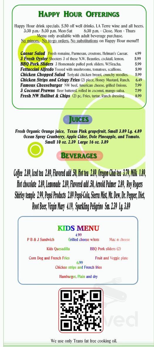 Clancy's menu in Sherwood, Oregon