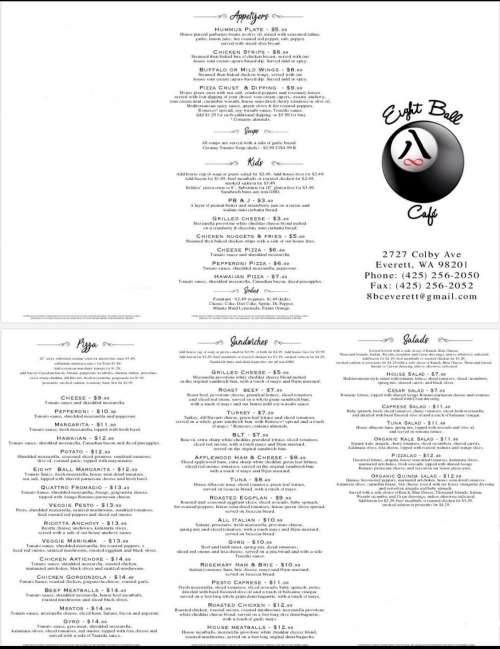 Eight Ball Cafe menu in Everett, Washington, USA
