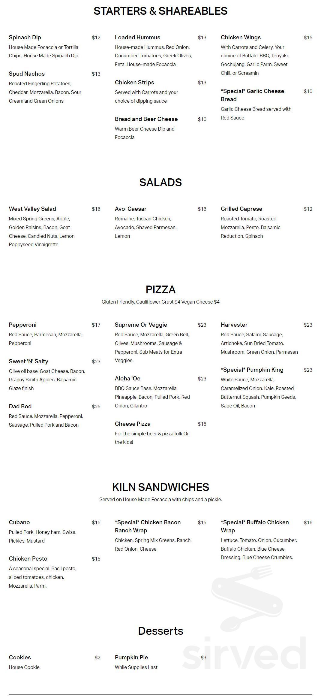 The Kiln Taproom menu in Yakima, Washington, USA