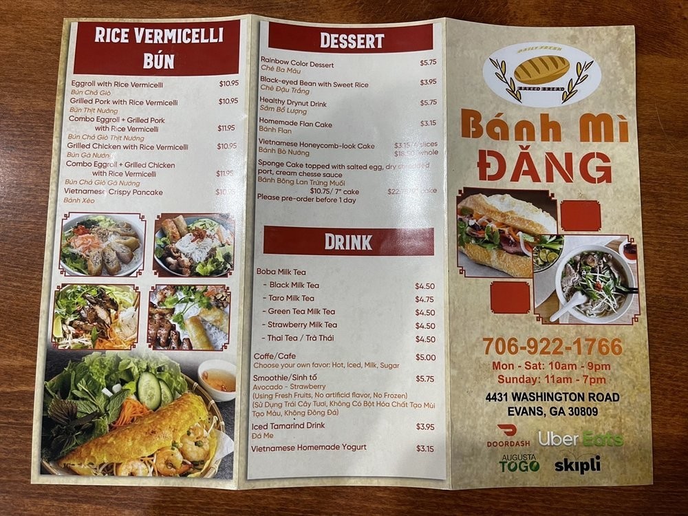 Banh Mi Dang menu in Evans, Georgia, USA