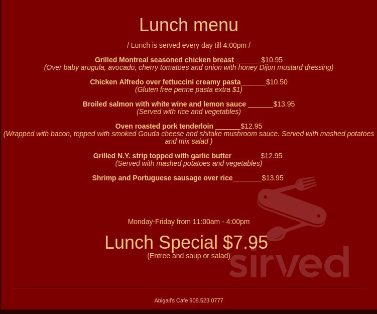 Menu for ABIGAILS RESTAURANT in Linden, NJ Sirved