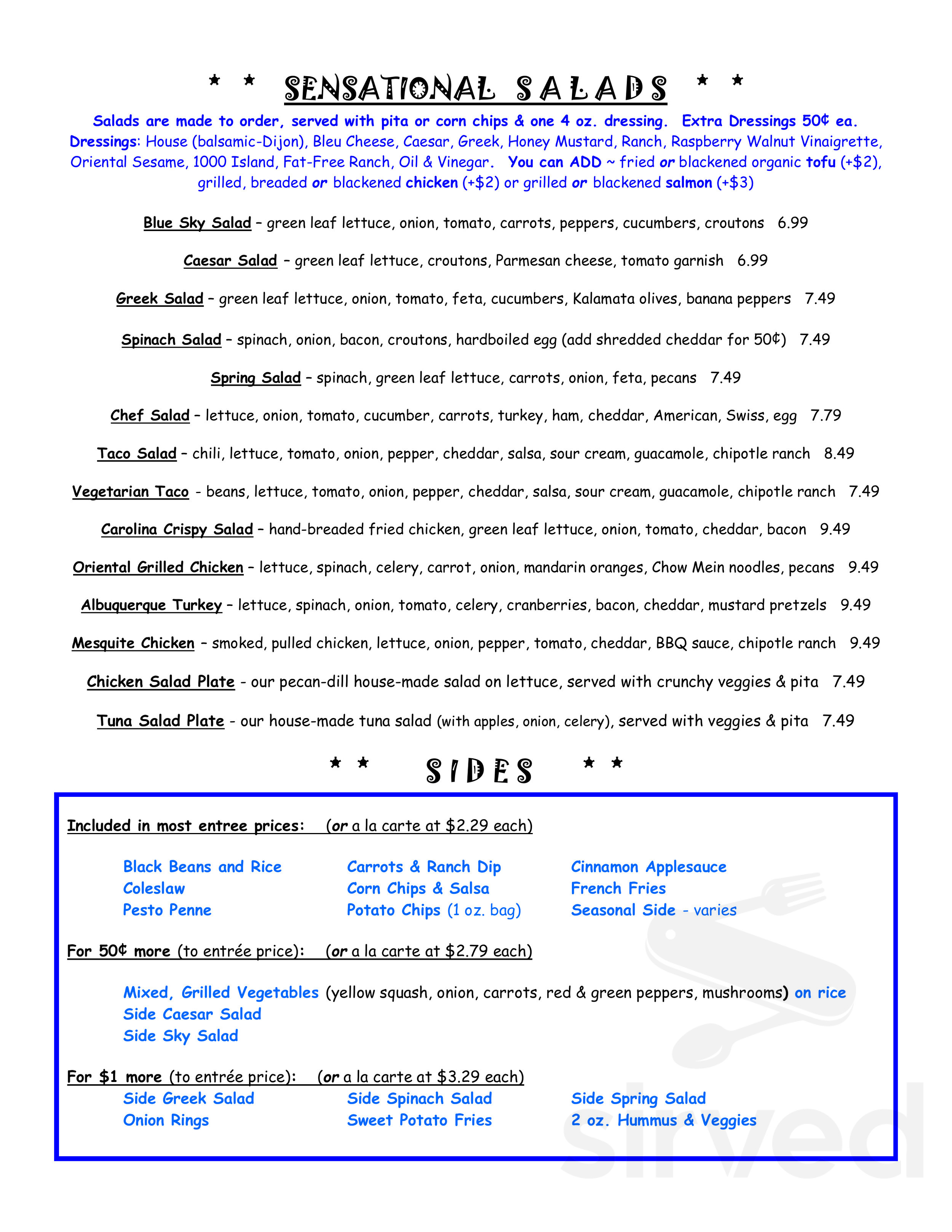Blue Sky Cafe menu in Fletcher, North Carolina, USA