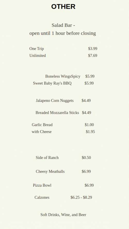 Colwich Gambino's Pizza Original menu in Colwich, Kansas, USA