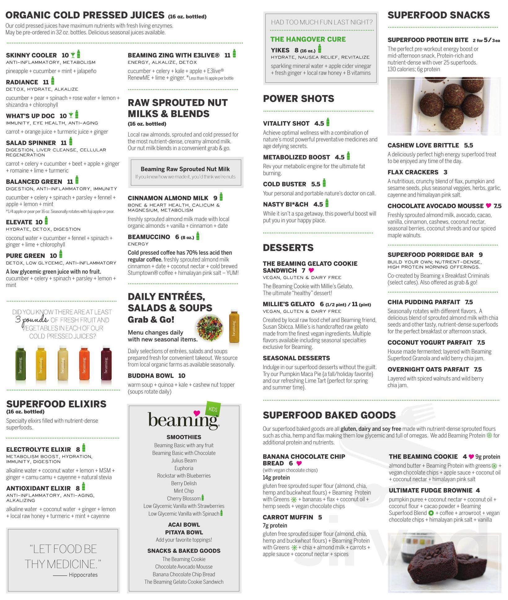 Earthbar menu in Del Mar, California