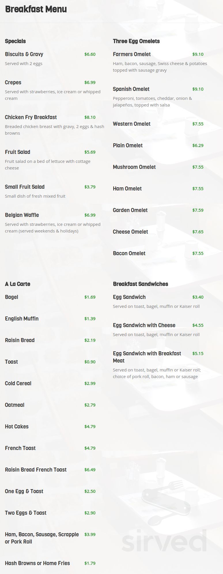Menu - East Greenville PA's Powderbourne Sportsman's Club | Sirved