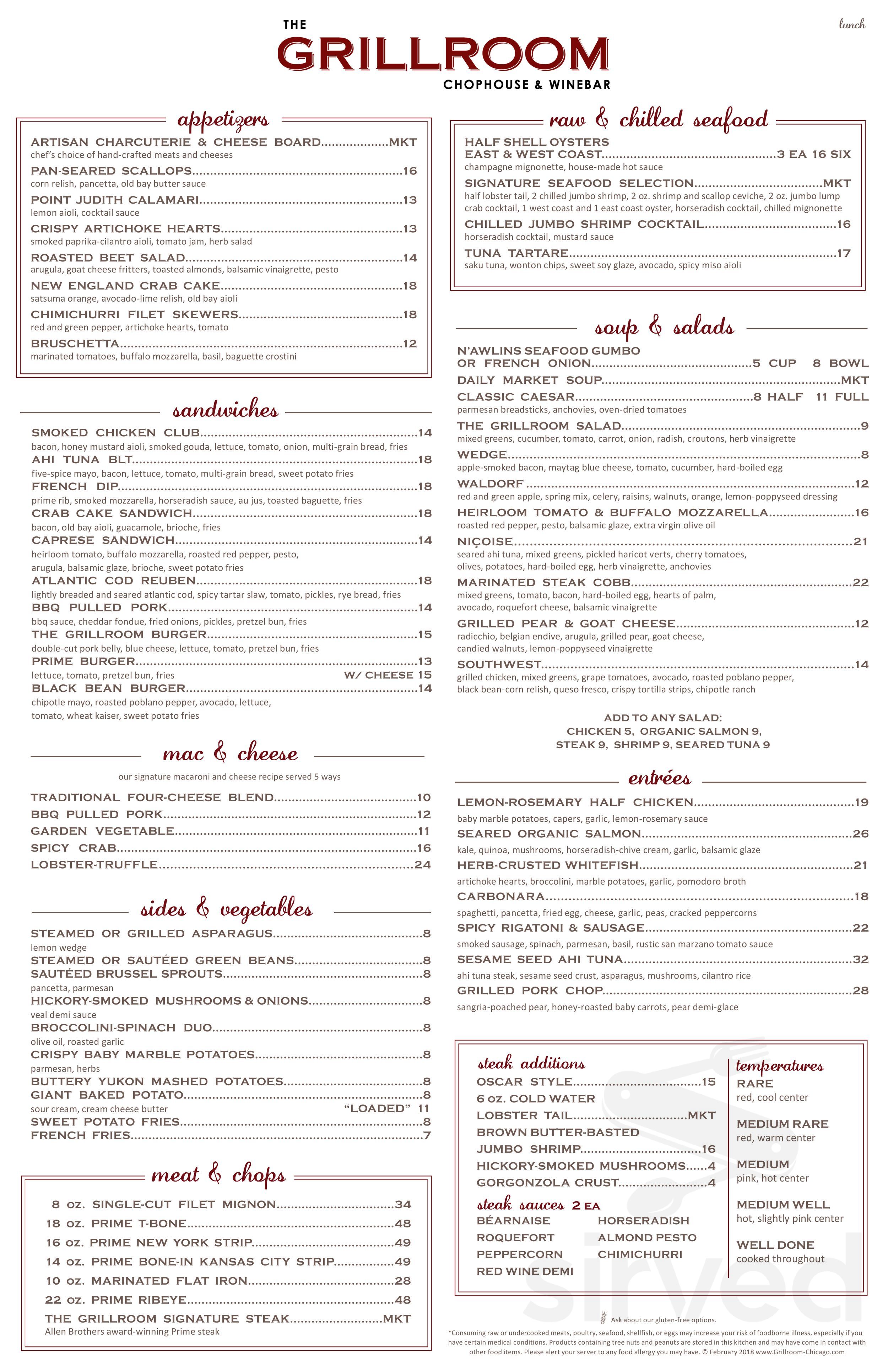 The Grillroom Chophouse & Wine Bar menu in Chicago, Illinois, USA