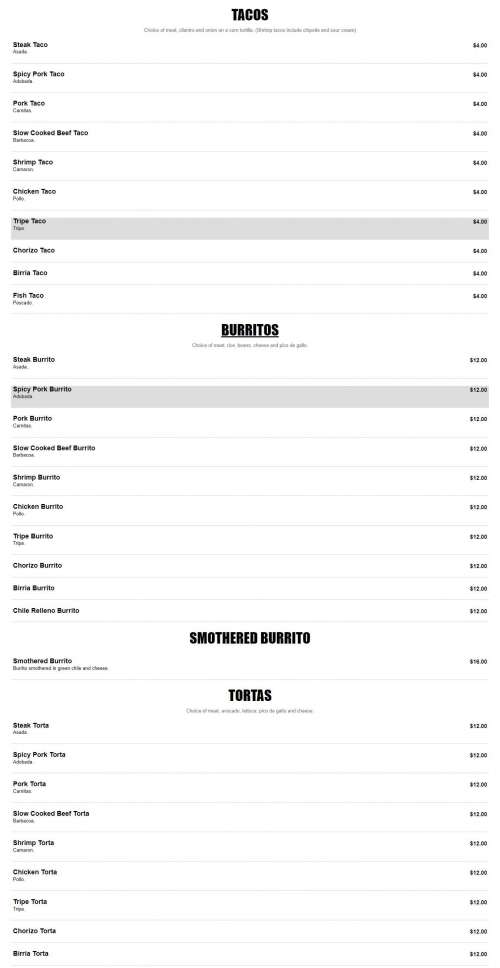 Tacos El Gordo Montrose menu in Montrose, Colorado, USA