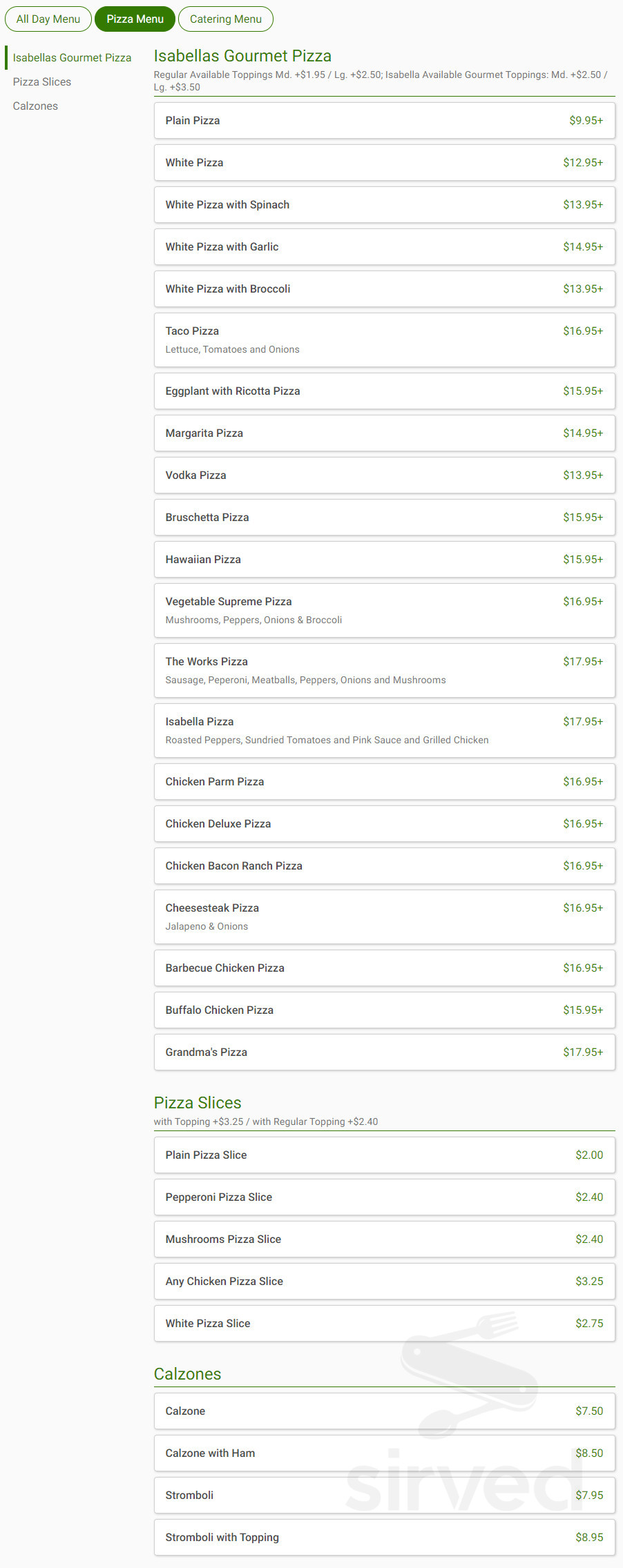 Isabella's Pizza menu in South Bound Brook, New Jersey, USA