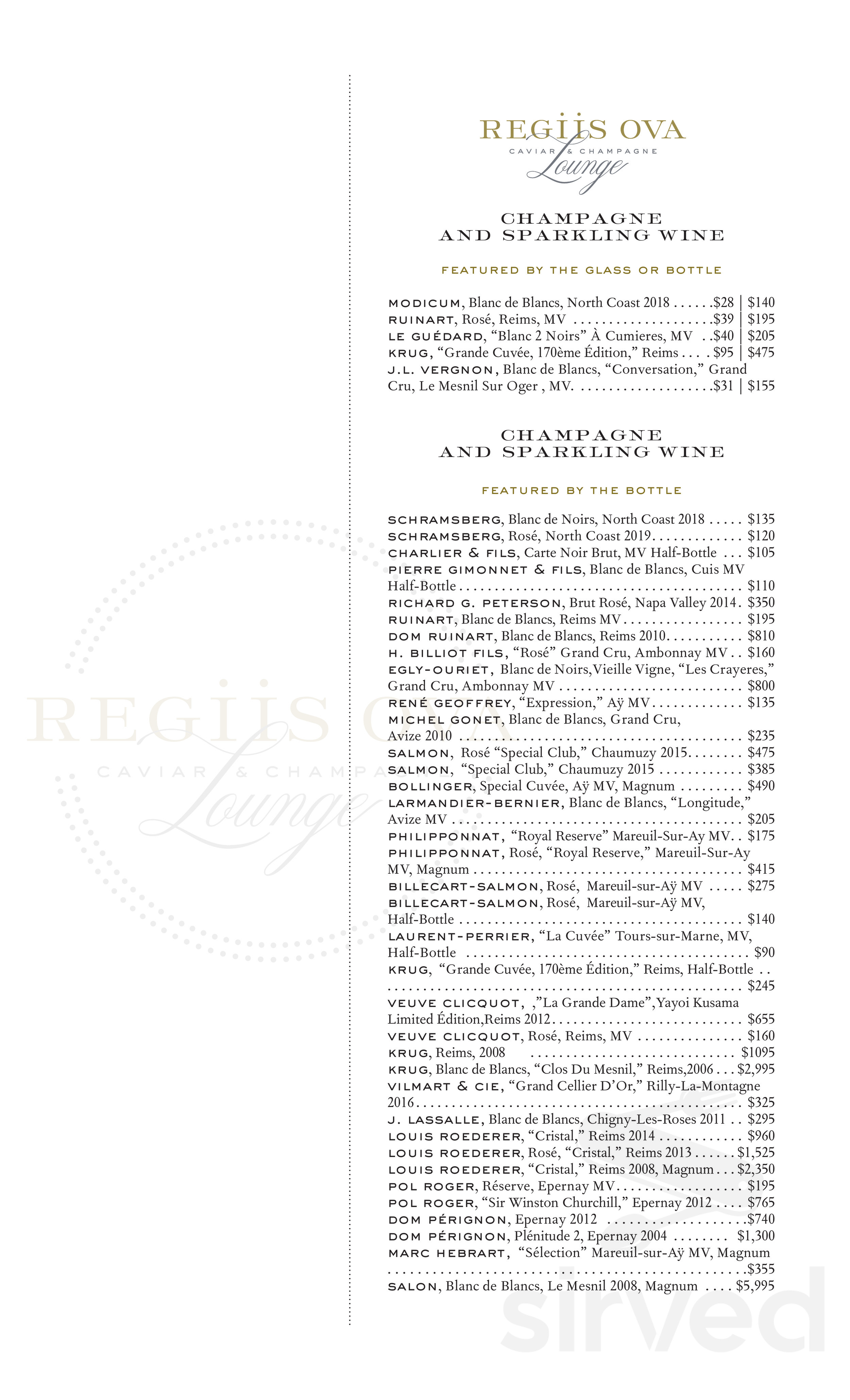 Regiis Ova Caviar & Champagne Lounge menu in Yountville, California, USA