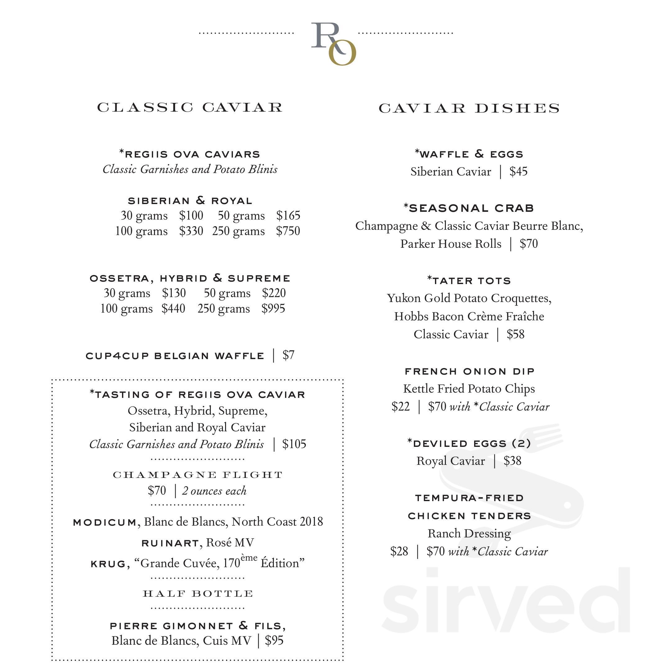 Regiis Ova Caviar & Champagne Lounge menu in Yountville, California, USA