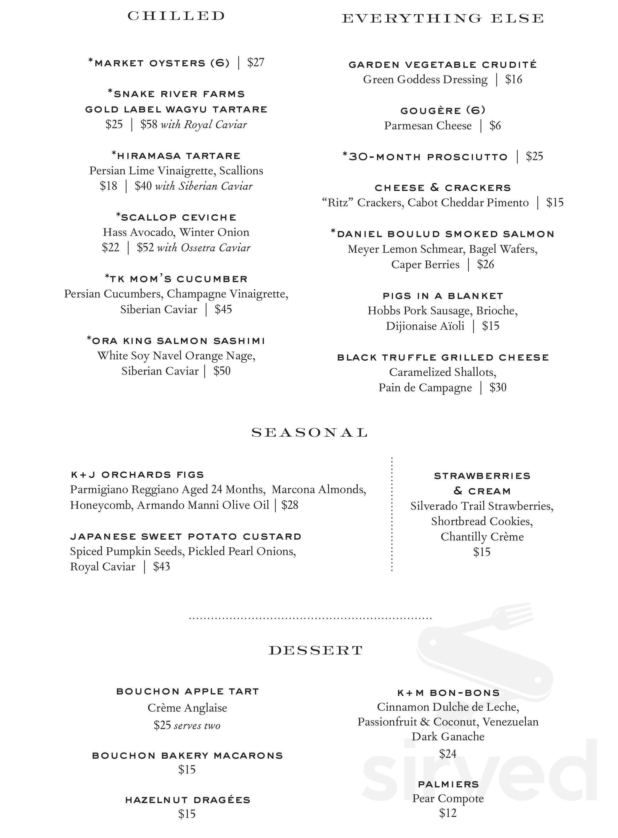 Regiis Ova Caviar & Champagne Lounge menu in Yountville, California, USA