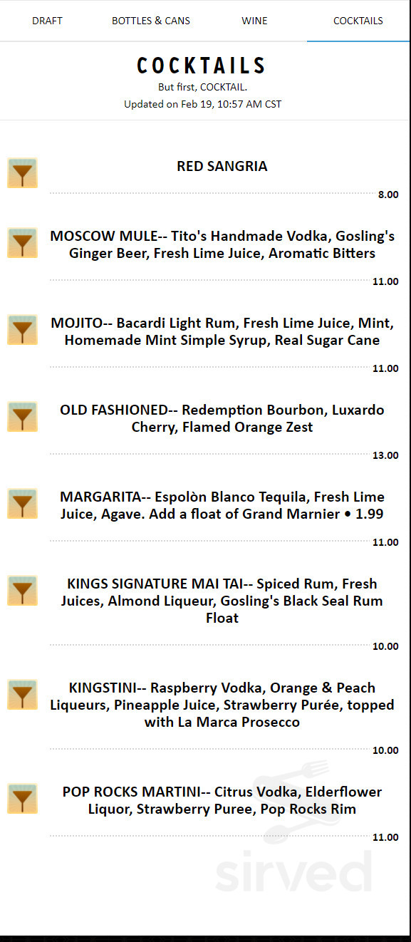 Kings Dining & Entertainment menu in Rosemont, Illinois, USA