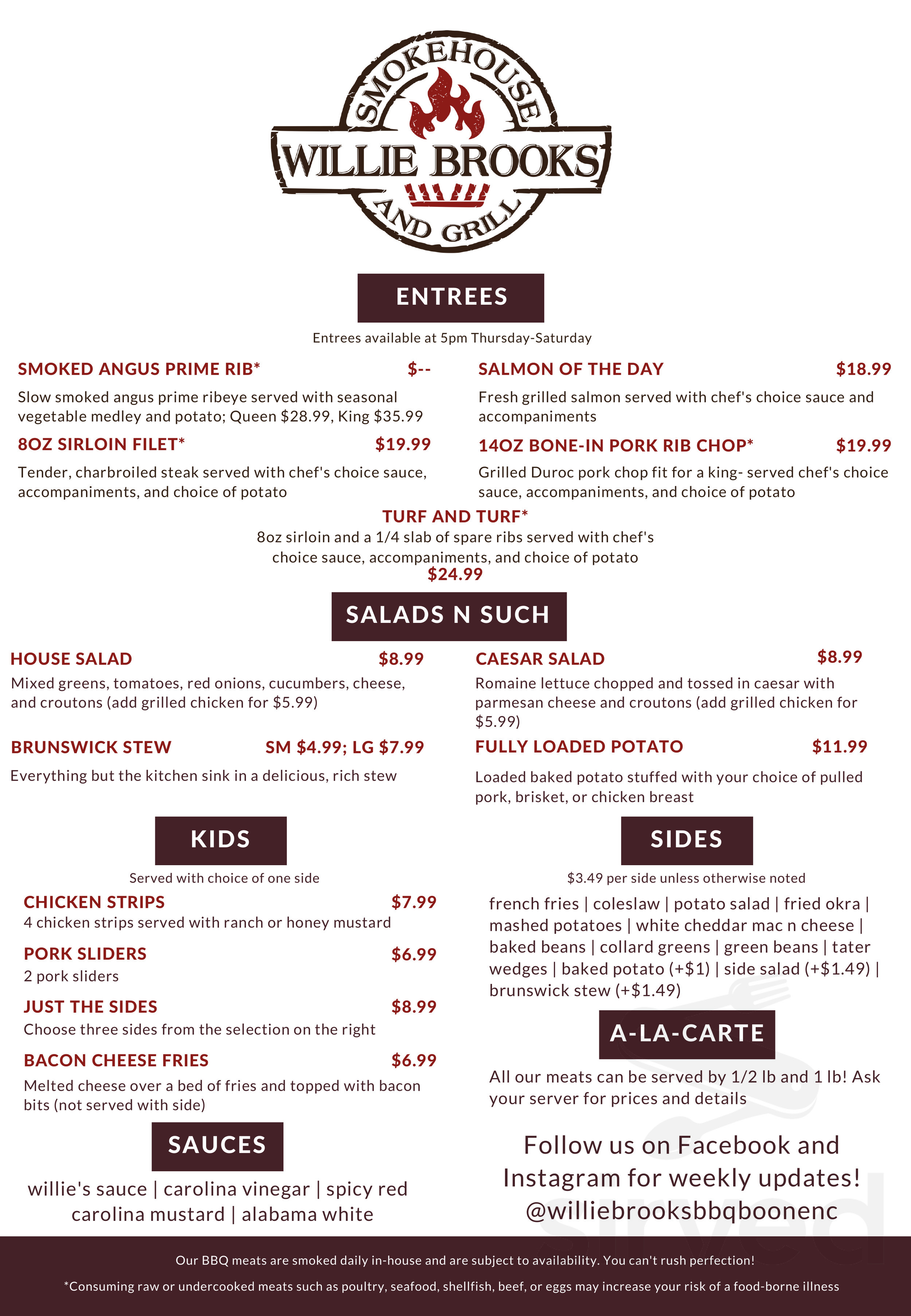 Willie Brooks BBQ Boone menu in Boone, North Carolina, USA