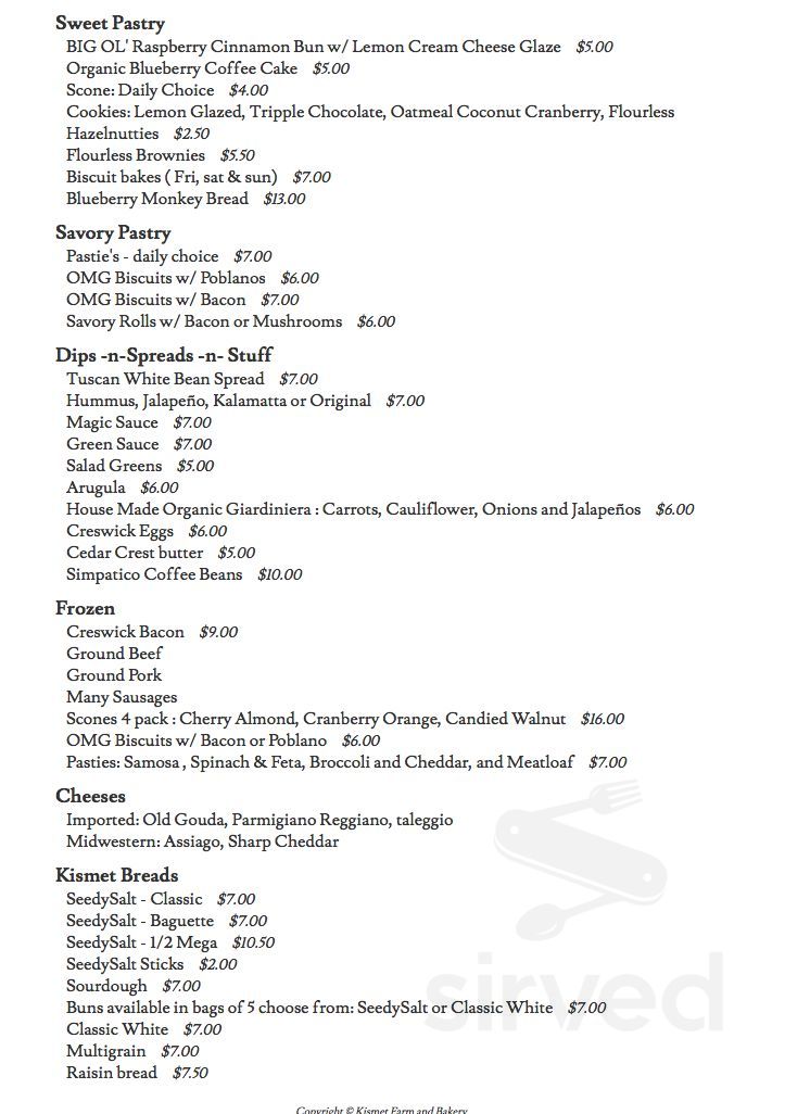 Kismet Farm Bakery menu in Douglas, Michigan, USA