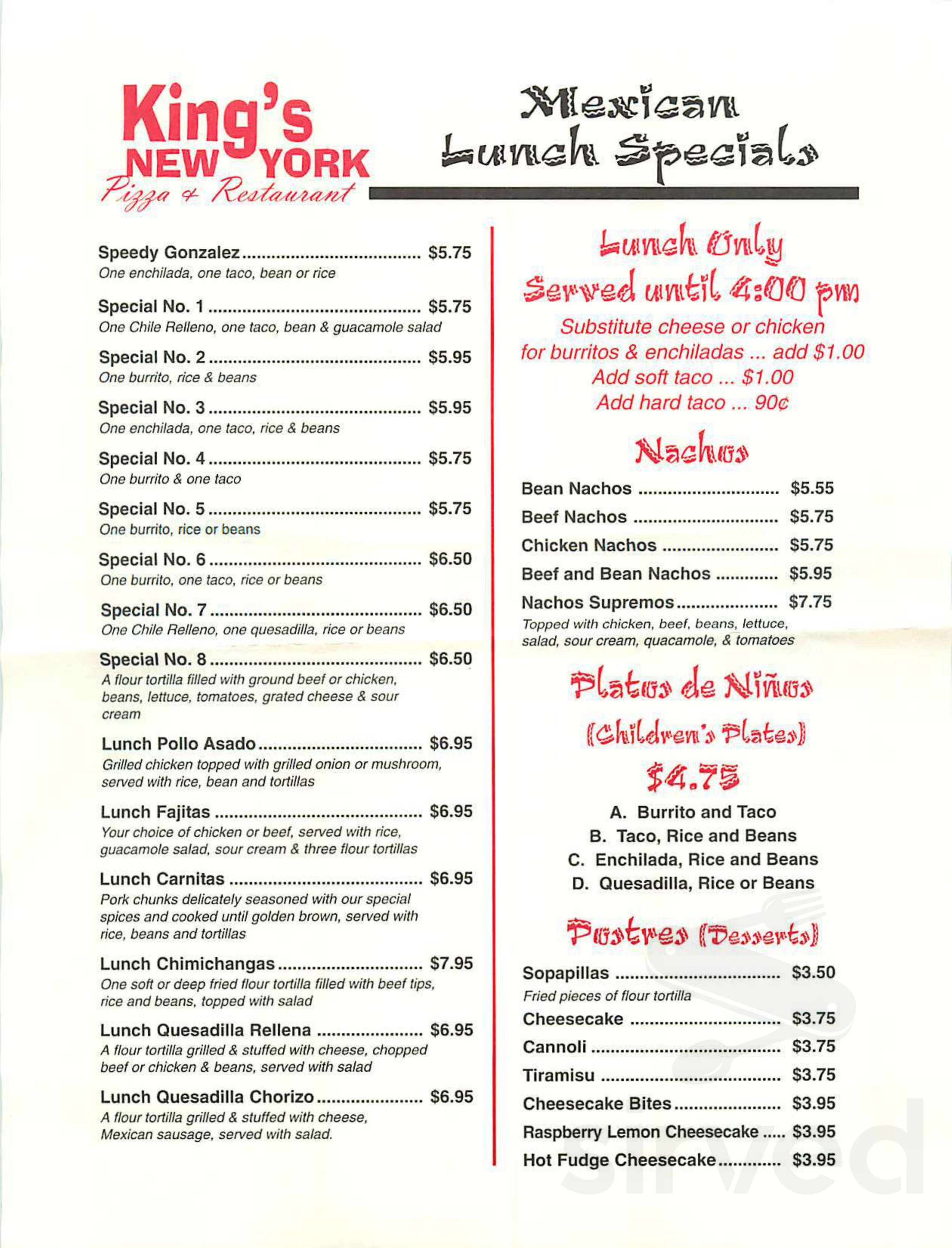 King's New York Restaurant & Pizza menu in Clarksburg, West Virginia, USA