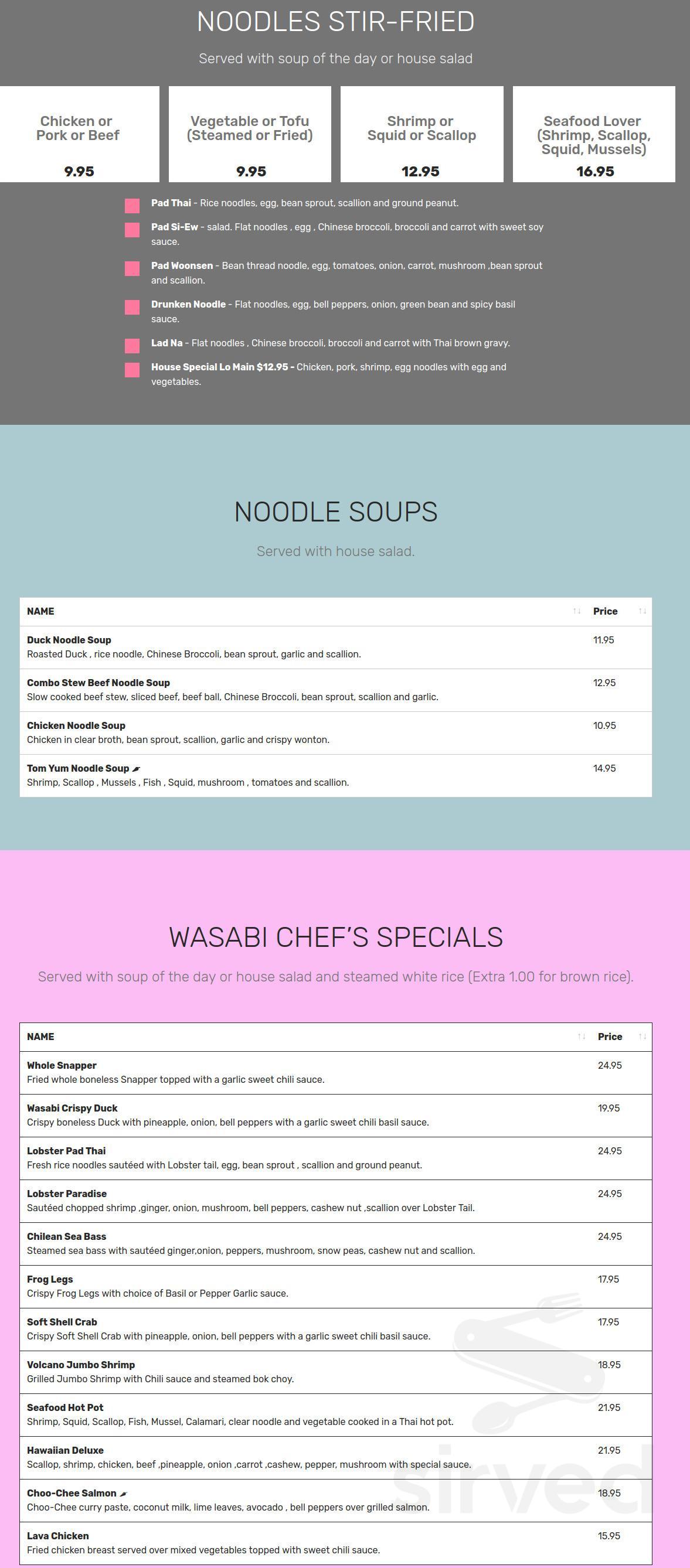 Wasabi Thai Sushi menu in Sebastian, Florida, USA