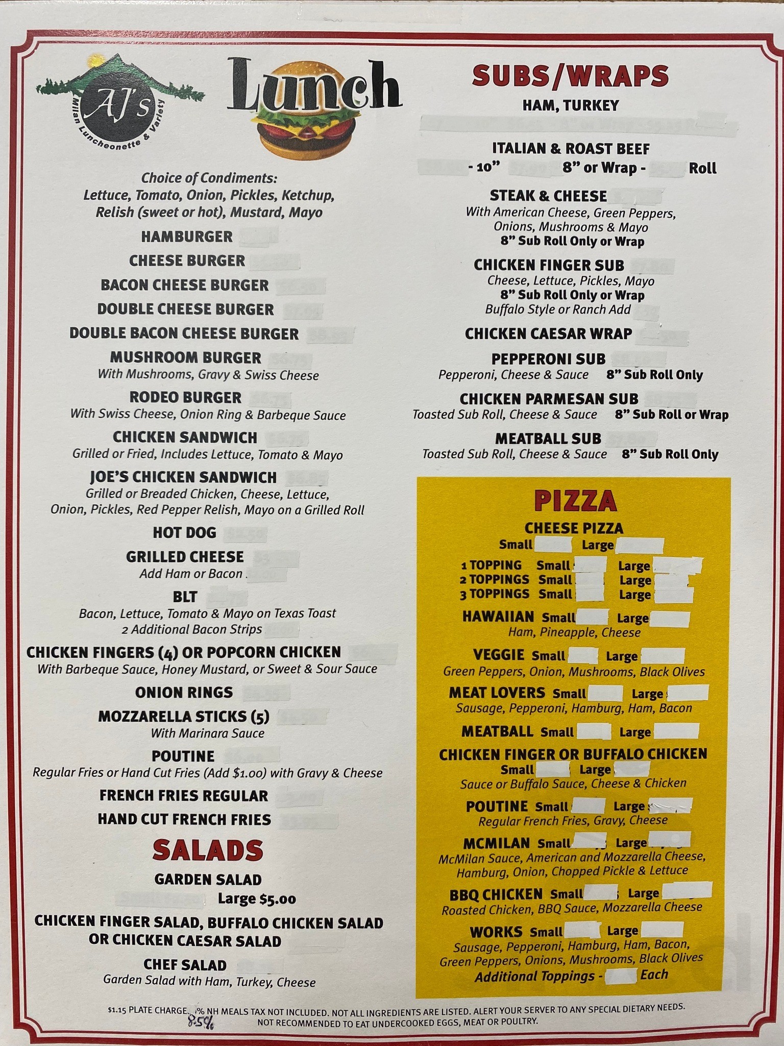 Menu for AJ’s Milan Luncheonette & Variety in Milan, NH | Sirved