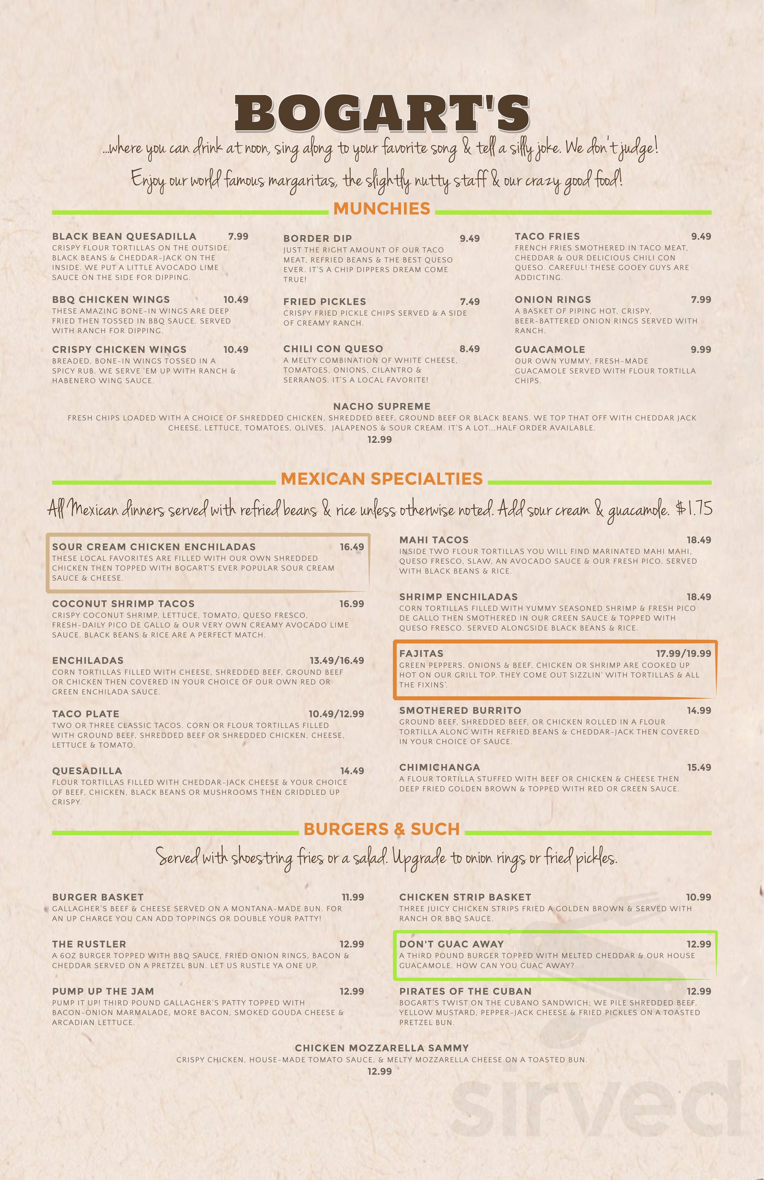 Bogart's Restaurant menu in Red Lodge, Montana, USA