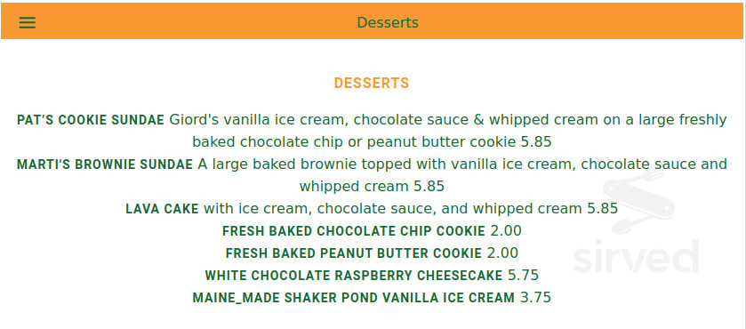 Menu for Pat's Pizza Machias in Machias, ME | Sirved