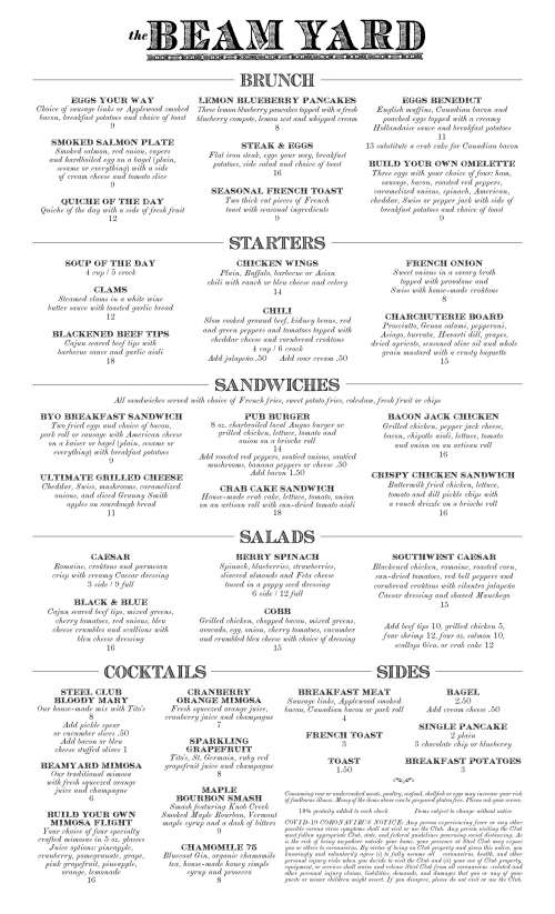 The Beam Yard at Steel Club menu in Hellertown, Pennsylvania, USA