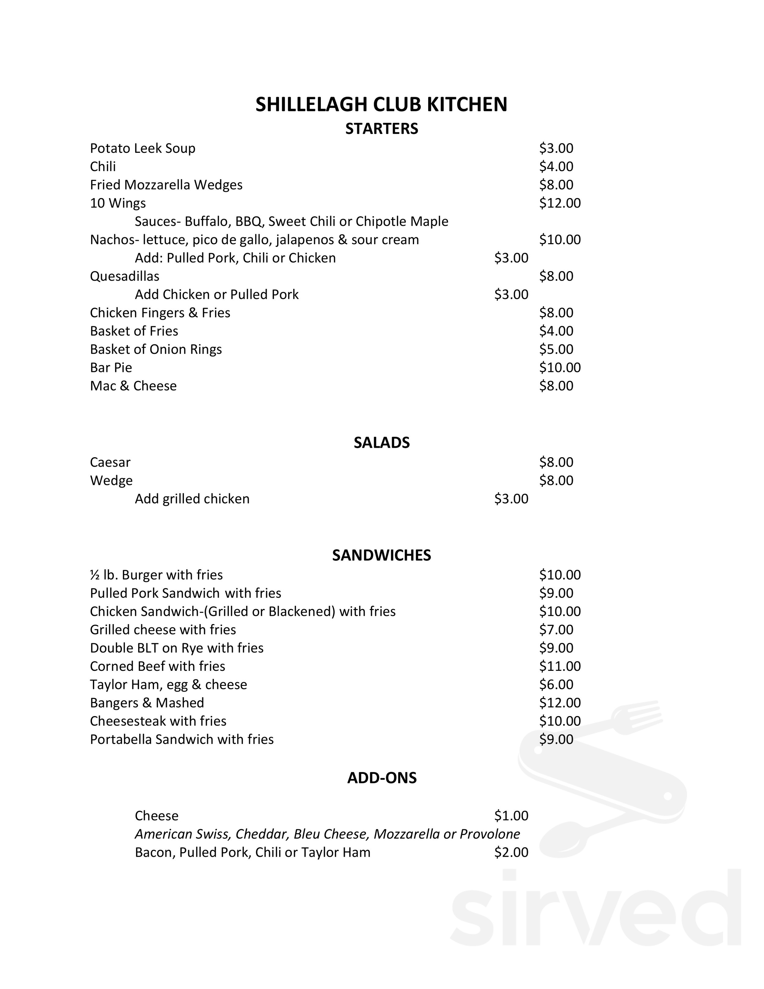 Shillelagh Pub @ Friendly Sons of the Shillelagh menu in West Orange, New Jersey