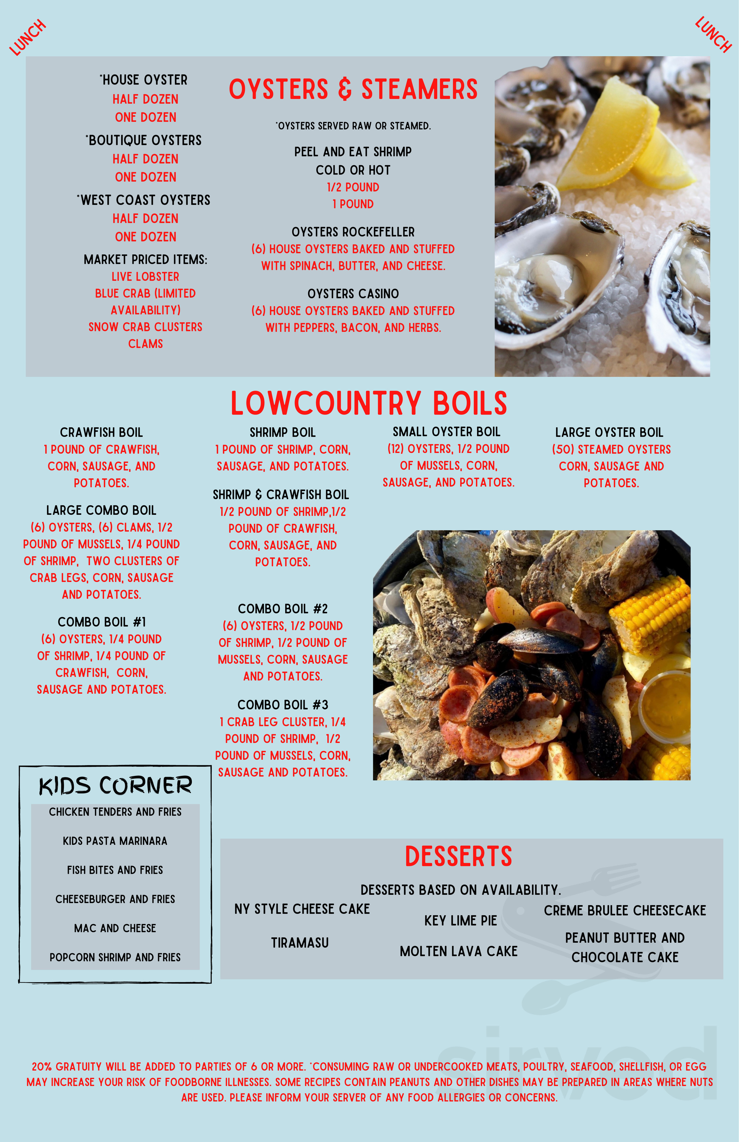 Clearwater Oyster Bar & Grill menu in Myrtle Beach, South Carolina, USA