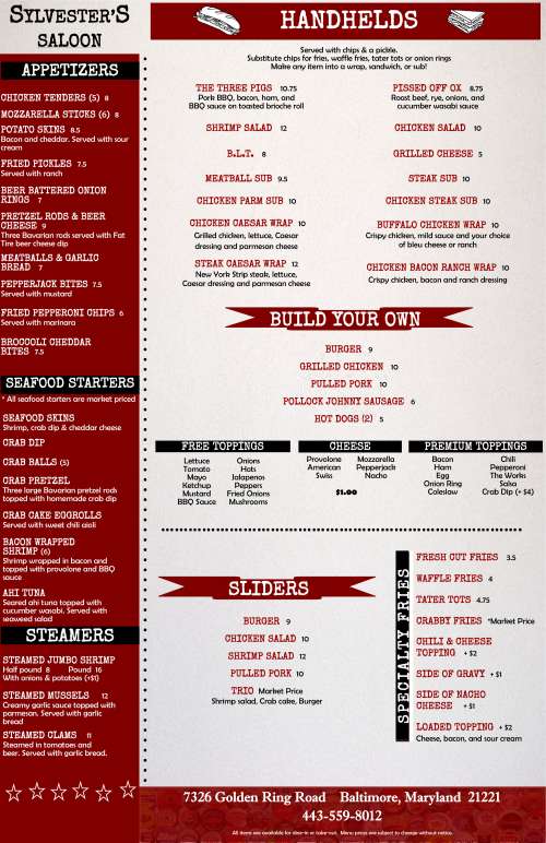 Sylvesters Saloon menu in Essex, Maryland, USA