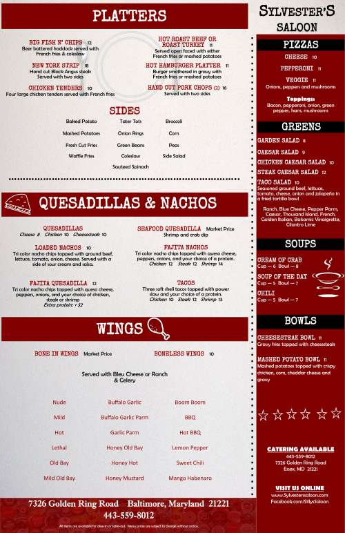 Sylvesters Saloon menu in Essex, Maryland, USA