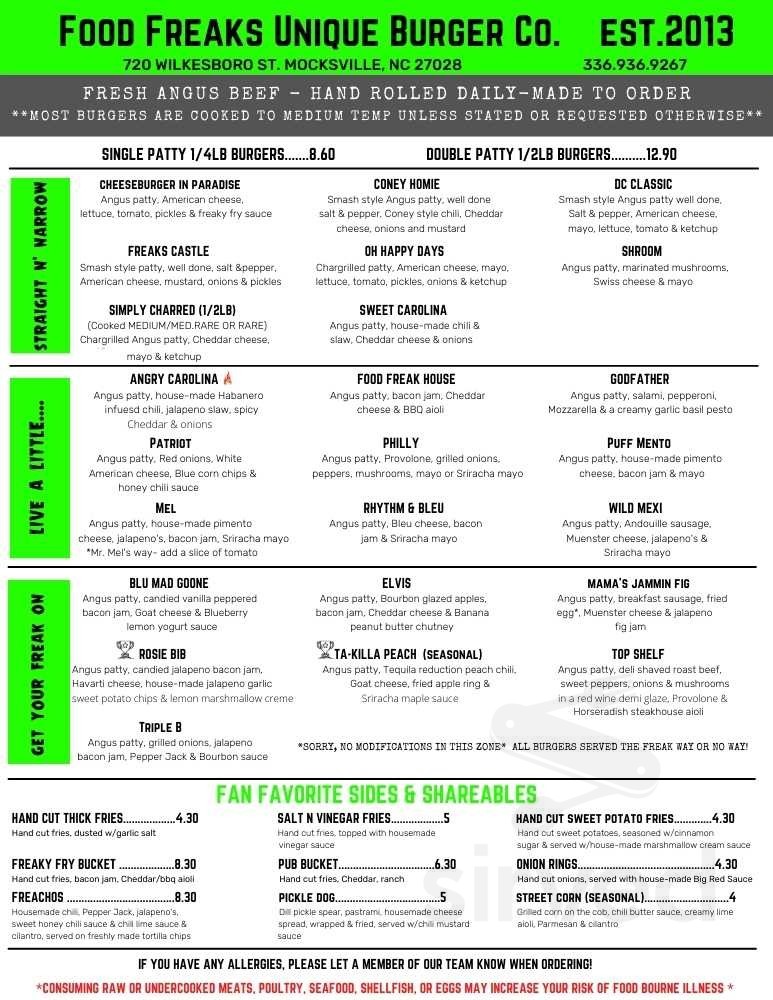 Food freaks unique burger co menus in mocksville north carolina