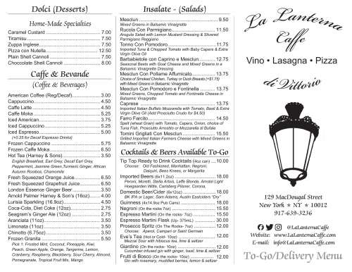 La Lanterna di Vittorio menu in New York, New York, USA