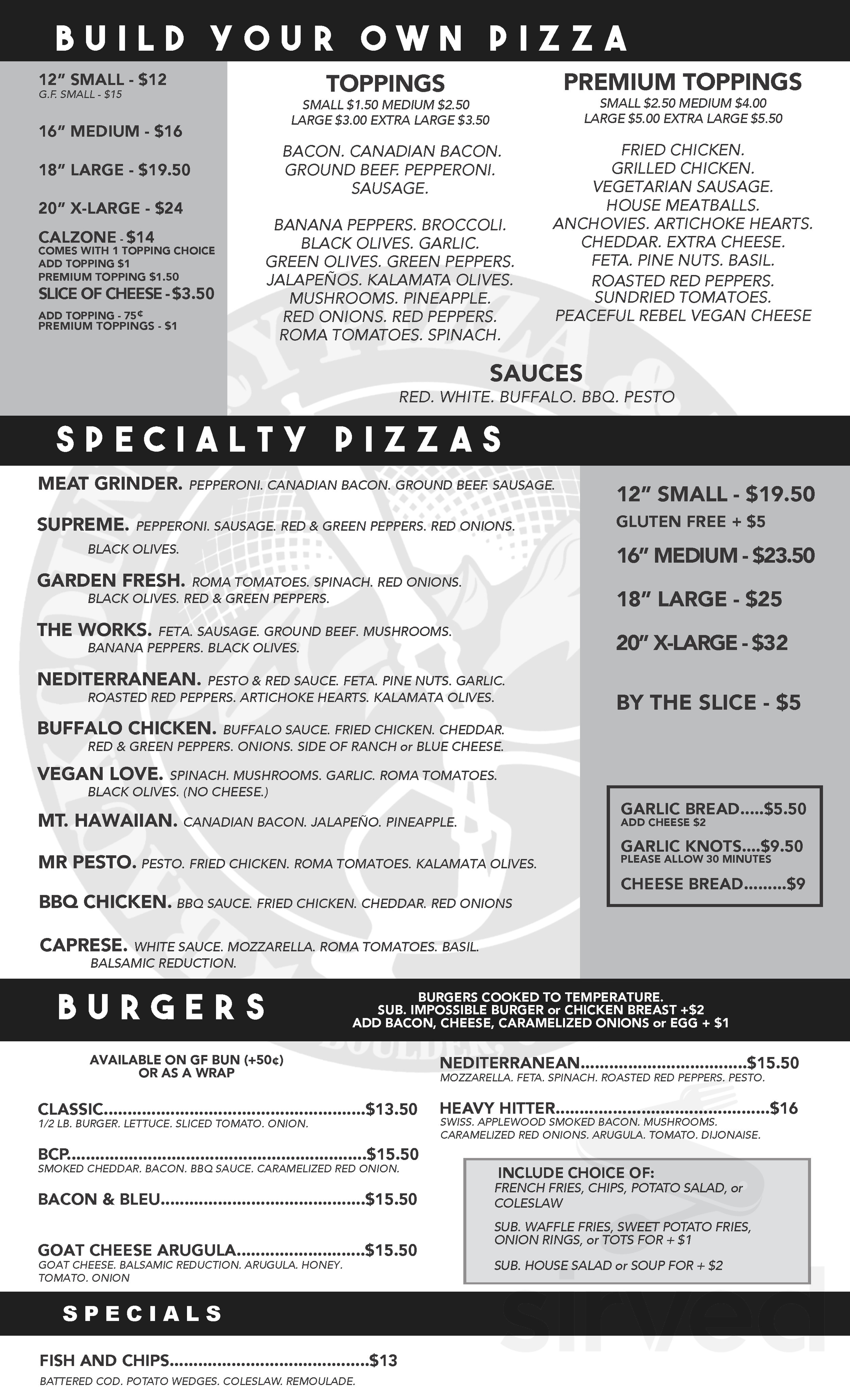 Backcountry Pizza & Tap House menu in Boulder, Colorado, USA