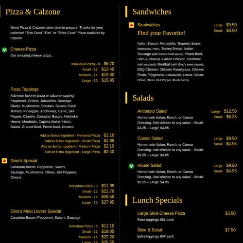 Gino's Pizza menu in Buellton, California, USA