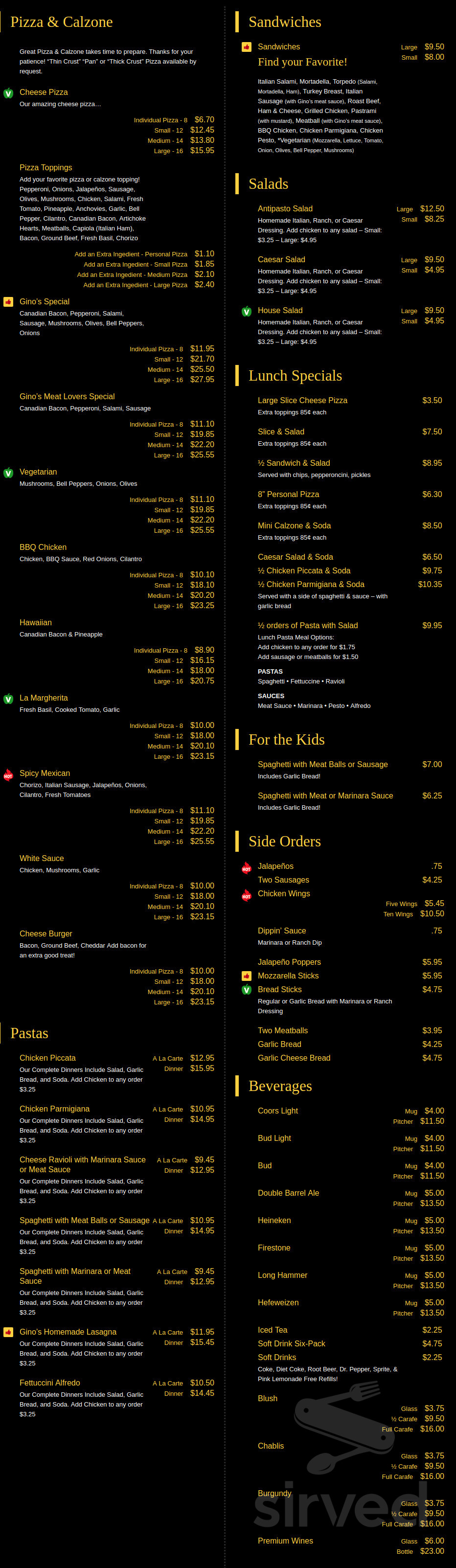 Gino's Pizza menu in Buellton, California, USA