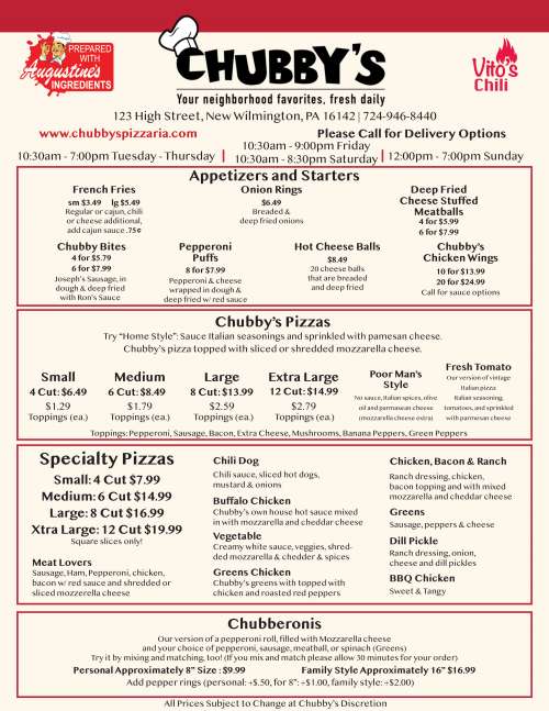 Chubby's Pizzaria menu in New Wilmington, Pennsylvania, USA