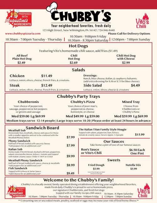 Chubby's Pizzaria menu in New Wilmington, Pennsylvania, USA